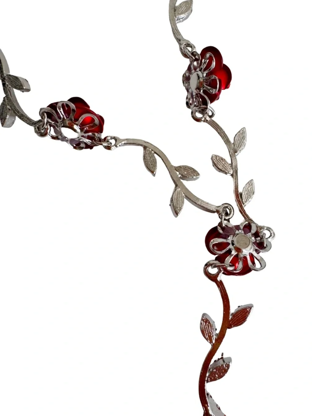 Vintage Red Rose Enamel Necklace Y Drop Crystal Leaf Silver Tone Floral 15